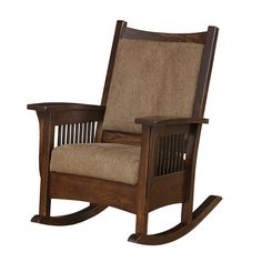 a wooden rocking chair with brown fabric on it