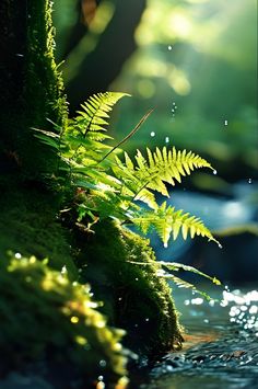 the sun shines through the trees and leaves in the water, making it look like they are floating