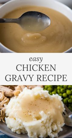 bowl of easy chicken gravy recipe with spoon, plate with mashed potatoes with chicken gravy on top Chicken Gravy From Broth, Homemade Chicken Gravy, Gravy For Mashed Potatoes