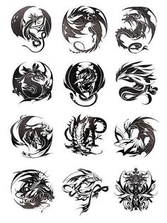 dragon tattoo designs on white paper, with black and white ink in the shape of circles