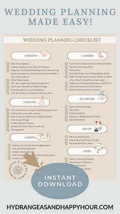 the wedding planning checklist is shown in this info sheet, which shows how to do it