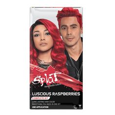 Make a striking statement with Splat Semi-Permanent Bold Hair Color! Splat unisex Luscious Raspberries Semi-Permanent Complete Kit allows you to express yourself with bright red hair color. Pre-measured bleach eliminates the guesswork and provides a fast action lift that takes just 30 minutes. Perfect for halloween hair styles, Splat Semi-Permanent Hair Color uses a unique formula infused with Baobab Seed Oil to nourish strands and protect from UV damage, plus Quinoa Extract packed with vitamins Hair Dye Red, Raspberry Hair Color, Splat Hair Dye, Raspberry Hair, Splat Hair Color, Hair Dye Shades, Temporary Hair Dye, Semi Permanent Hair Dye, Bold Hair Color