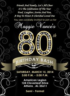 a black and gold 80th birthday party with an elegant design on the front,