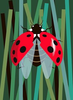 a lady bug sitting on top of tall green grass covered in black and white dots