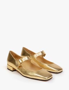 Low Mary Jane Leather Shoe - Gold |Womens Shoes| Penelope Chilvers Gold Metallic Shoes, Gold Low Heels, Gold Shoes Outfit, Gold Flat Shoes, Deb Ball, Gold Mary Janes, Minimalism Fashion, Golden Shoes, Fancy Flats