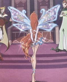 an animated image of a fairy with two other characters in the background and one is wearing a costume