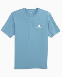 Smooth sailing into summer is the only way we know how. Southern Tide Men's American Sloop Sail T-Shirt in Heritage Blue is crafted in the classic Southern Tide fit you love, the back features an American flag sloop sail design that's ready for all your days on the water. Classic Fit 60% Cotton 40% Polyester Graphics located on back and left chest Open sleeves Ribbed collar band Machine wash cold, tumble dry low, remove promptly Hang dry recommended to prevent shrinking Blue Nautical Style T-shirt For Summer, Nautical Cotton T-shirt For Summer, Nautical Blue T-shirt For Summer, Blue Nautical T-shirt For Summer, Sail Color Cotton Short Sleeve Tops, Casual Cotton T-shirt For Sailing, Casual Short Sleeve Sail Tops, Blue Nautical Crew Neck T-shirt, Casual Cotton T-shirt In Sail Color