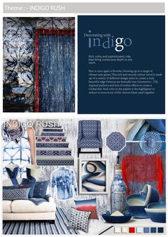 the interior design book features blue and red accents, including pillows, rugs, curtains,