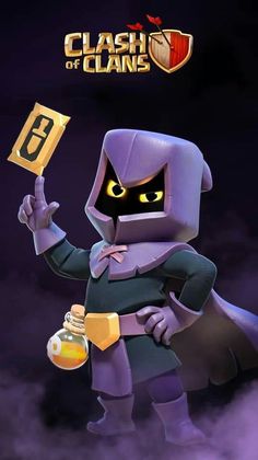 a cartoon character holding a bottle and a sign with the word clash of clans on it