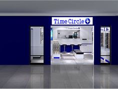 a time circle store with blue and white walls