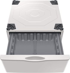 an open white box with black handles and latches on the lid is shown in front of a white background