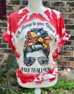 a red and white tie dye shirt with an image of a woman wearing sunglasses