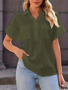 Bjux - Womens Flap Pockets Polo Neck Blouse: Modern and Chic Short Sleeve Top for Effortless Style in the Spring & Summer Season Green Non-stretch Solid Color Tops, Khaki V-neck Top For Summer, Green Non-stretch Short Sleeve Tops, Summer Khaki Solid Color Tops, Summer Khaki V-neck Blouse, Khaki Collared Top For Summer, Non-stretch Collared Summer Tops, Khaki Solid Color Summer Blouse, Non-stretch Collared Top For Summer