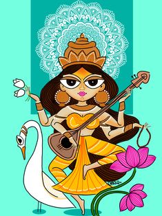 Digital illustration Saraswati Illustration Art, Madhubani Saraswati Painting, Sora Painting, Maa Drawing, Leaf Art Diy, Buddhist Art Drawing, Bengali Art