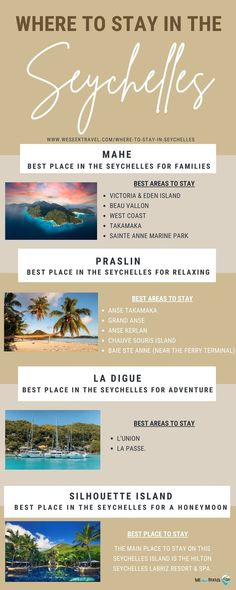 a poster with the words where to stay in the seychelless