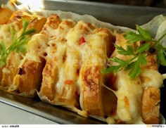 some food that is sitting on top of a metal pan and has green garnish