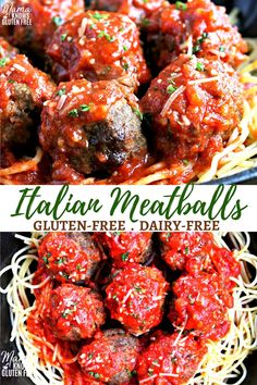 italian meatballs with spaghetti and sauce in a bowl on the side, and an image of