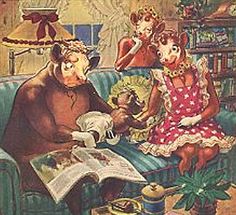 an old fashioned children's book with two cows on the couch, one reading a magazine