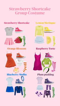 a pink poster with different types of clothing on it's sides and the words strawberry shortcake group costume