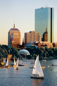 sailboats are sailing on the water in front of tall buildings