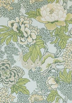 an old wallpaper with flowers and birds in green, yellow, white and blue colors