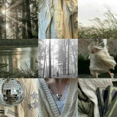 a collage of photos with trees and water in the background, including an image of a woman's dress