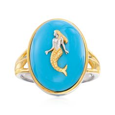 Ross-Simons - Turquoise Mermaid Ring in Silver, 18kt Gold Over Sterling. Size 7. An RS exclusive. This two-tone fashion ring takes nautical style to a whole new level. Set in sterling silver and 18kt yellow gold over sterling silver, a boastful 17x13mm turquoise cabochon pops with a mixed-metal mermaid at its center. An ornate shank provides even more detail to this fun cocktail ring. 3/4" wide. Mermaid turquoise two-tone ring. Nautical Ring, Mermaid Ring, Nautical Style, Nautical Fashion, Turquoise Rings, Fun Cocktails, Fashion Ring, Cocktail Ring, Cocktail Rings