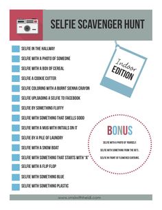 Indoor Selfie Scavenger Hunt Selfie Scavenger Hunt, Teen Scavenger Hunt, Mall Scavenger Hunt, Indoor Party Games, Teenager Party, Photo Scavenger Hunt, Sleepover Games, Scavenger Hunts, 13th Birthday Parties