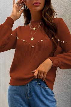 Shop our women's pearl beaded stand collar sweater for a stylish winter look. perfect for any occasion with luxurious pearl embellishments. Beaded Sweater, Round Neck Sweater, Stylish Sweaters, Round Neck Sweaters, Brown Sweater, Casual Sweaters, Belleza Natural, Ribbed Sweater, Basic Style