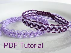 two purple and white crocheted bracelets on a plate with the text, free pattern