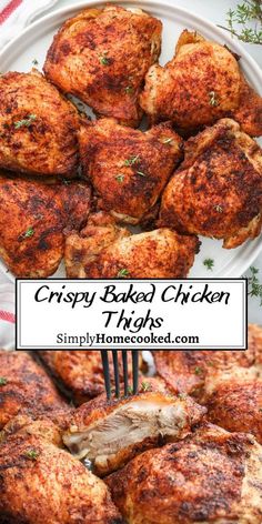 crispy baked chicken thighs on a plate with a fork