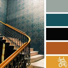 the stairs are painted in shades of blue, brown and green with gold trimmings