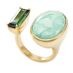 Green tourmaline, green variscite, 18k yellow gold. Size 7. Green Tourmaline Ring For May Birthstone, Unique Green Emerald Ring In 14k Gold, Unique 14k Gold Emerald Ring, Unique 14k Gold Green Emerald Ring, Unique Green Emerald 14k Gold Ring, Luxury Green Tourmaline Emerald Ring, Polished Green Tourmaline Jewelry, Unique Green Tourmaline Rings, Peruvian Opal