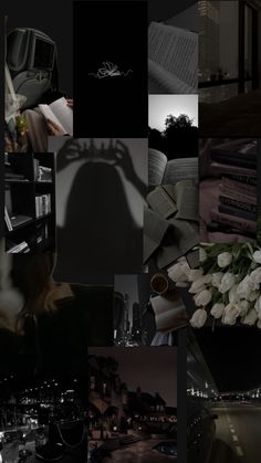 a collage of images with flowers and books in the dark, including an image of a person holding a book