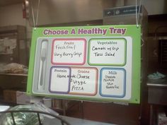 a sign that is on the wall in front of a window with information about healthy trays