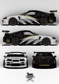 three racing cars with gold and white paint scheme on the front, back and side views