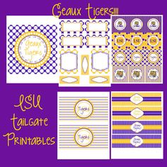 a purple and yellow printable party pack with the words genius tigers, as well as pictures