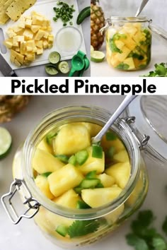 pickled pineapple in a mason jar with limes and cilantro on the side