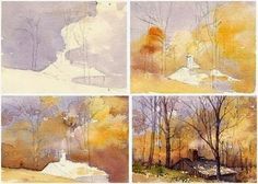 four watercolor paintings of trees and houses in the fall, winter or springtime