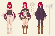 three different poses of an anime character with red hair and brown boots, one wearing a black corset