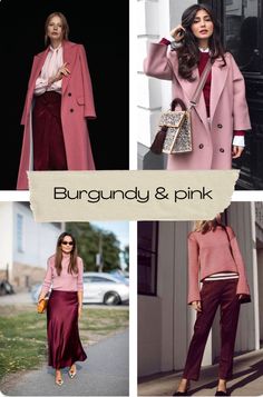 Winter Style Dress Outfit Ideas, Burgundy Jeans Outfit Summer, Work Outfits With Burgundy Pants, Brunette In Pink Outfit, Burgundy Spring Outfit, Pink Winter Outfits For Women, Red And Magenta Outfit, Pink And Wine Outfit, Color That Goes With Pink