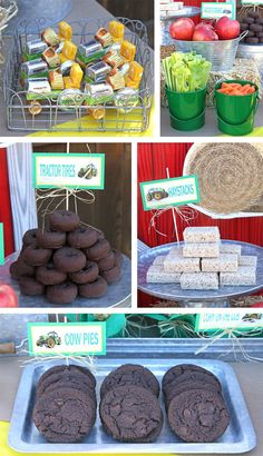 a collage of pictures showing different types of desserts and pastries on display