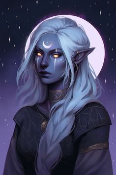 an image of a woman with white hair and blue eyes in front of the moon