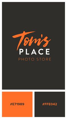 the logo for tom's place photo store is shown in orange and black colors