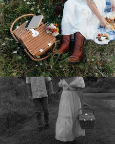 two people sitting in the grass with baskets and food on their feet, one woman is holding a picnic basket