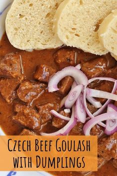 beef goulash with dumplings in a white bowl on a blue and white plate