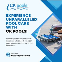 a man working on an outdoor pool with the words c k pools written above it