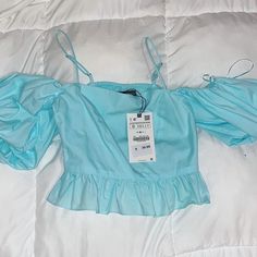 Brand New, Never Worn, Tags On Summer Blue Ruffled Blouse, Blue Ruffles Blouse For Summer, Blue Ruffled Blouse For Summer, Blue Puff Sleeve Top With Ruffles, Zara Light Blue Ruffled Tops, Light Blue Ruffled Top By Zara, Light Blue Ruffled Zara Top, Trendy Light Blue Ruffled Top, Zara Light Blue Party Top