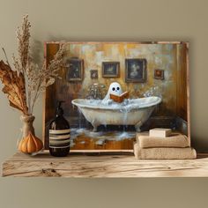 a painting of a ghost in a bathtub with books on the shelf next to it