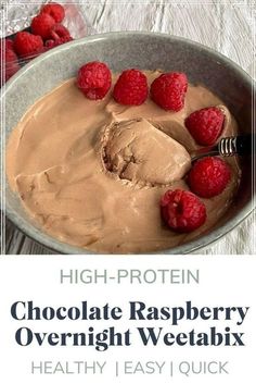 chocolate raspberry overnight weetabix recipe in a bowl with raspberries